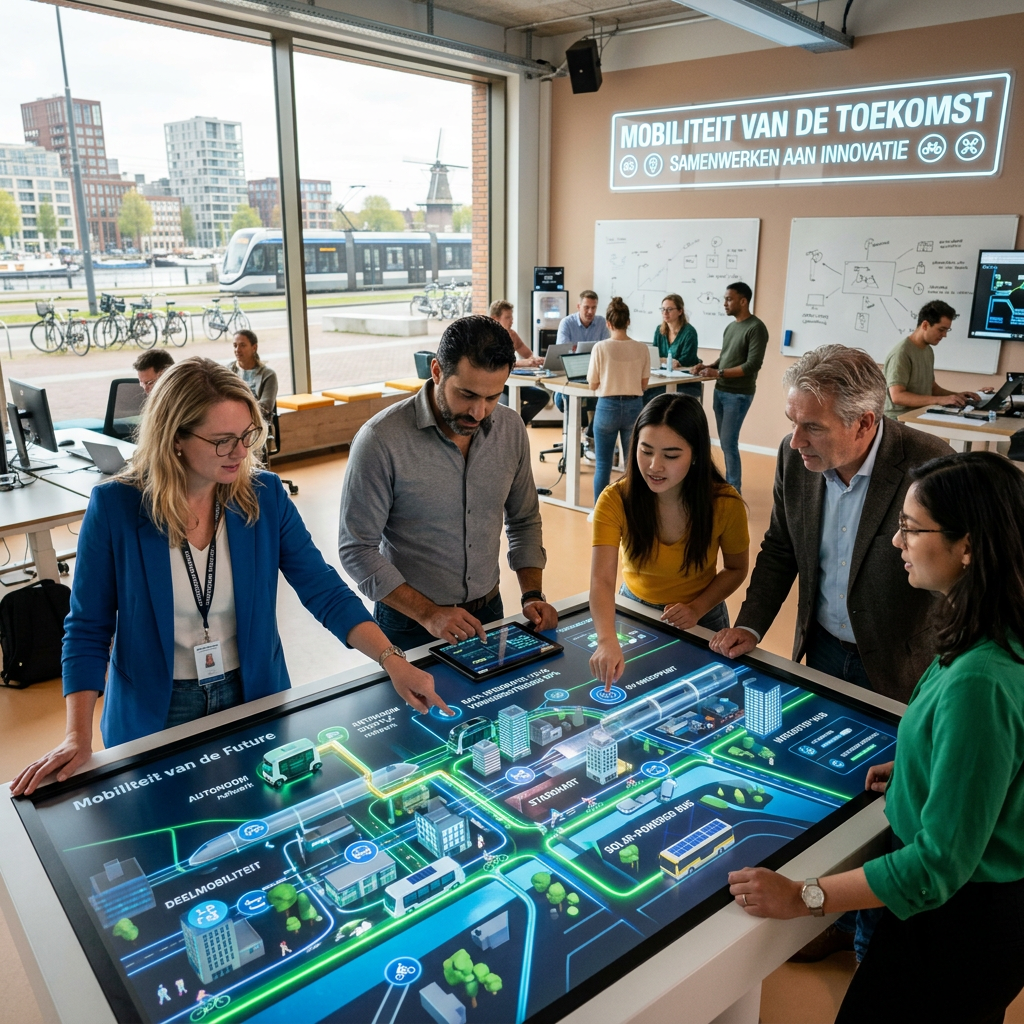 Team collaborating on digital interactive table showing smart city transportation and mobility innovations